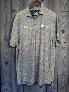 Under Armour Navy Polo Shirt Men’s XL Gray HeatGear Damn The Torpedoes Athletic